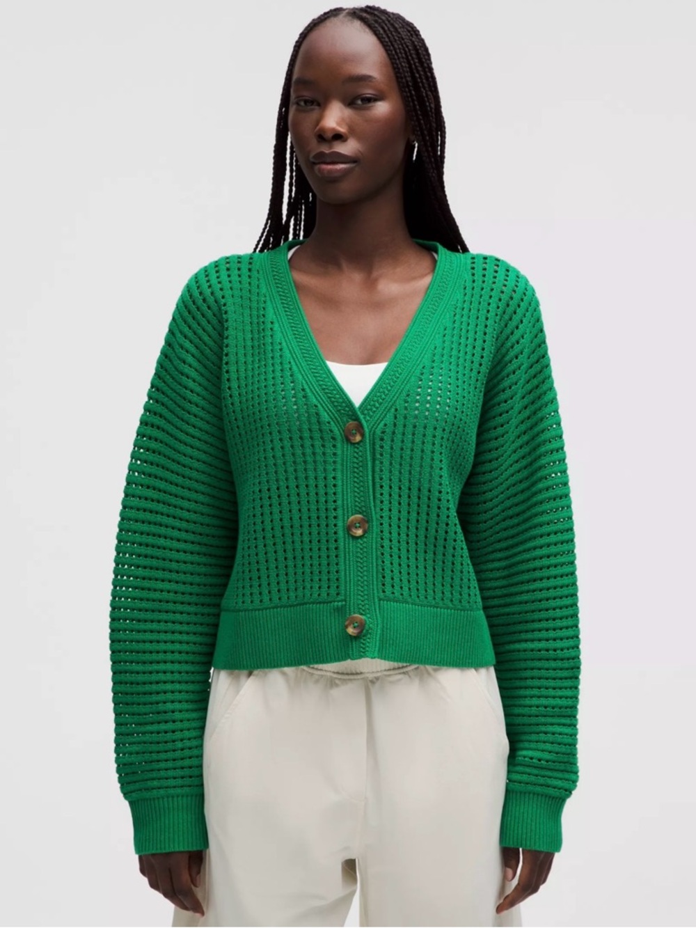NWOT lululemon athletica Green Open-Knit V-Neck Button Cardigan